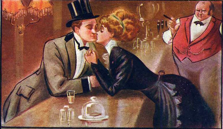 At the height of the Gilded Age, a young gentleman leans across the counter to court an attractive young barmaid.